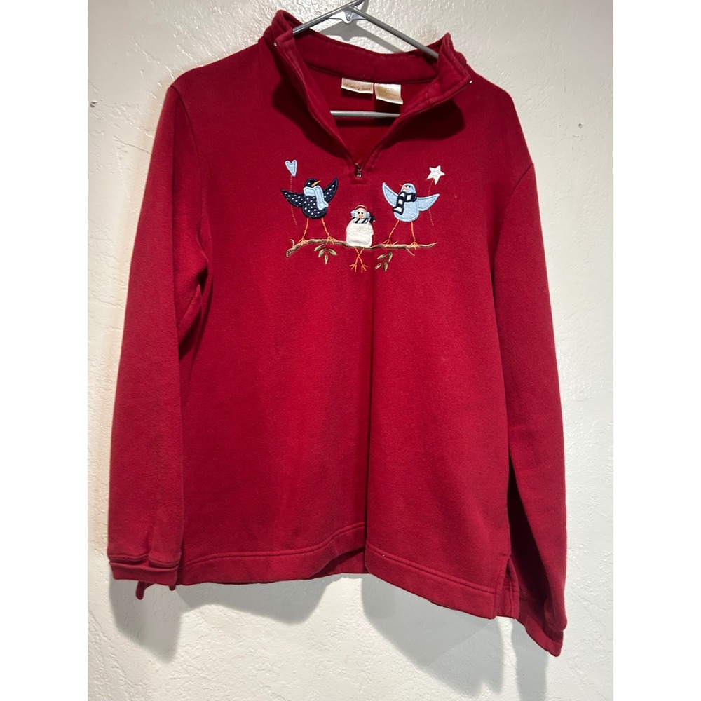 Bobbie‎ Brooks Womens Large Red Fleece Quarter Zip Pullover Winter Birds vintage